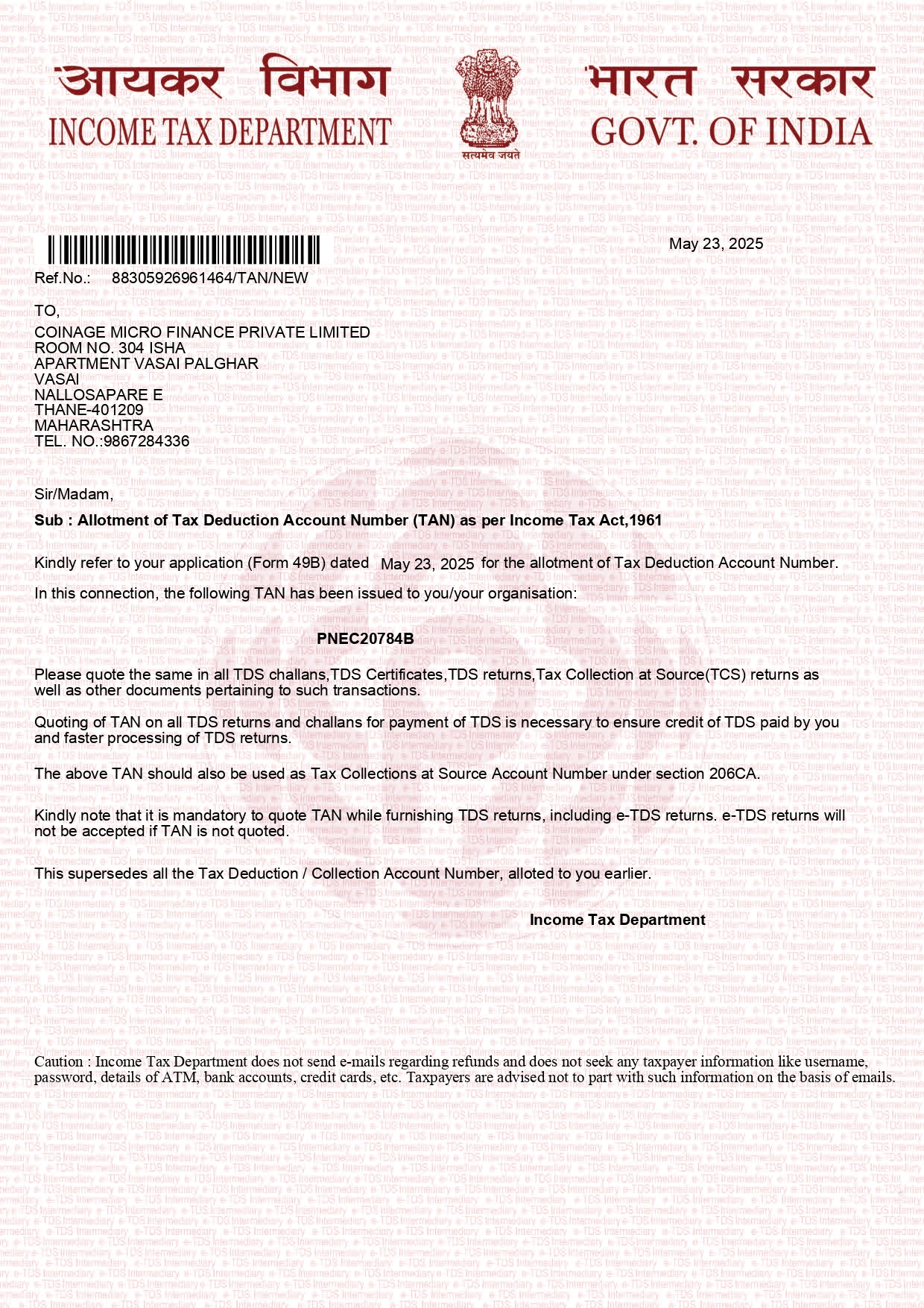 TAN certificate — Coinage Micro Finance Pvt. Ltd.